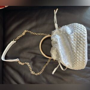 River Island Pearl-Embellished Bridal White Satin Wristlet and Shoulder Bag